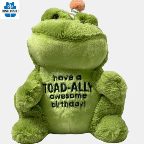 Plush toy from Dazzle Basket- This 10" Toad plush toy is a birthday gift with words "Have a Toad-Ally awesome birthday" written on it.