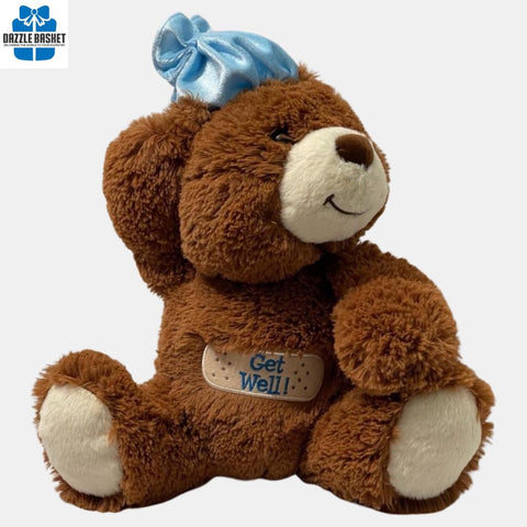 Plush toy from Dazzle Basket- This 12" Bear plush toy is a Calgary Get Well gift with words "Get Well" written on it.