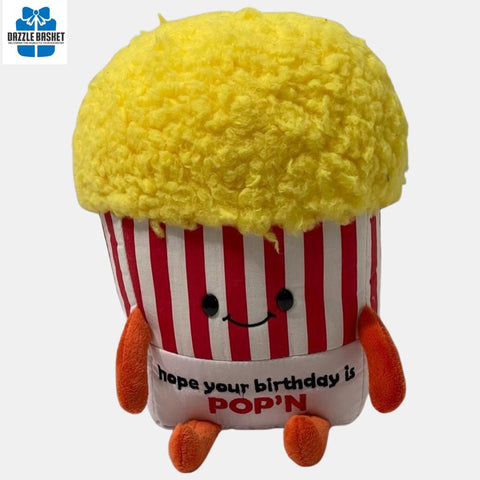 Plush toy from Dazzle Basket- This 9.5" bag of popcorn plush toy. A perfect Calgary birthday gift with words "Hope your birthday is Pop'n" written on it.