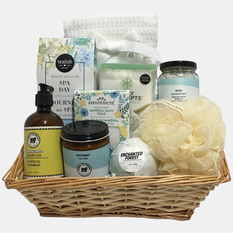 A made in Calgary spa gift basket that includes several  quality spa products in a beautiful tray.