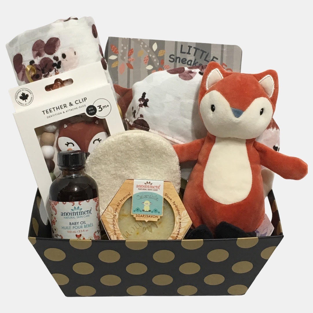A made in Calgary baby gift basket that includes quality baby products from some top Canadian baby brands.