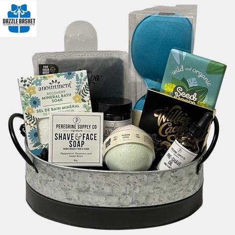 A unique gift basket for men & includes quality spa products for everyday use arranged in a round metal container.