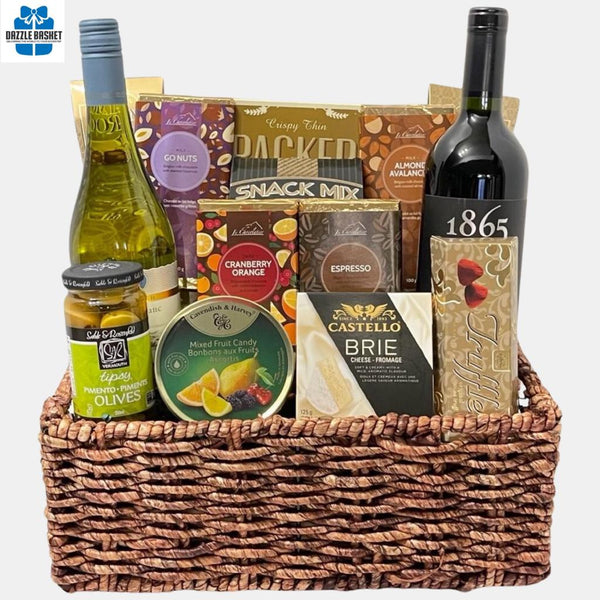 Wine gift baskets Calgary by Dazzle Basket- The Signature gift basket includes 2 bottle of wine with delicious gourmet snacks for all.