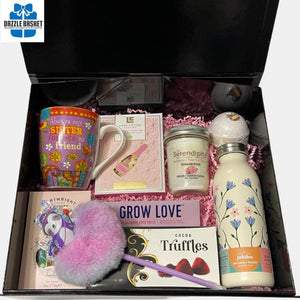 A gift boz for sister with quality products arranged in a large black box.