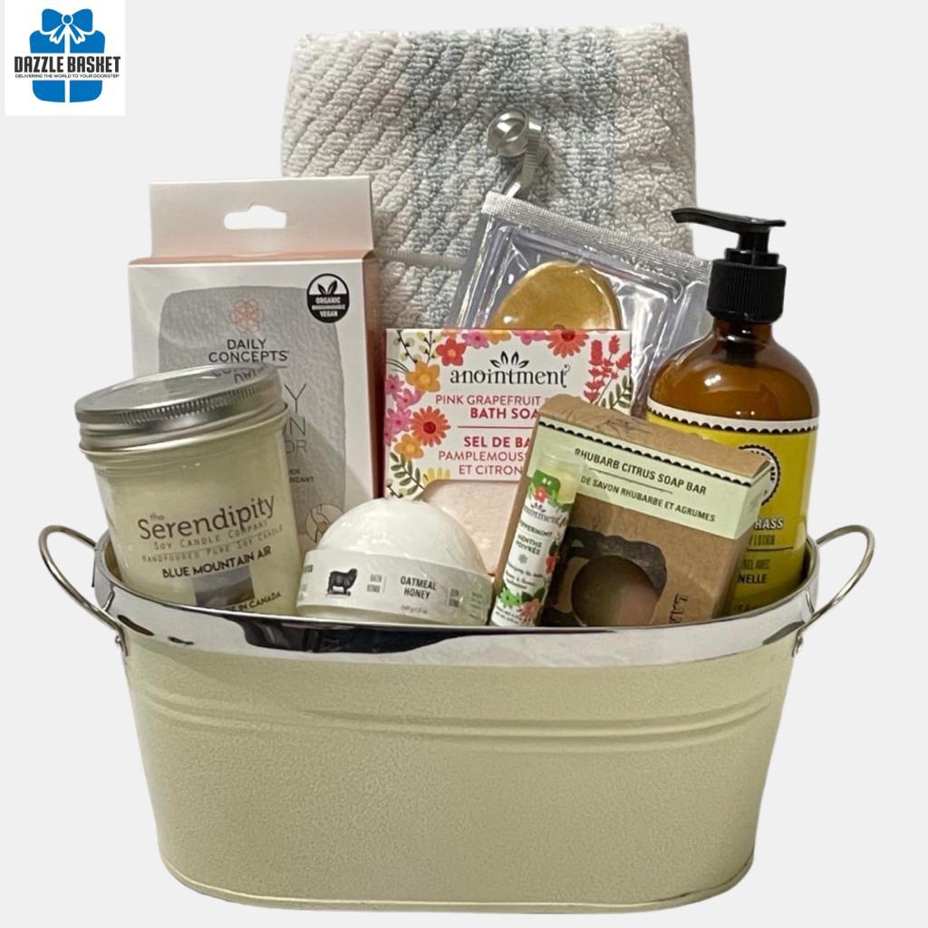 A Calgary spa gift basket that includes quality spa products for a relaxed evening packed in a beautiful off white metal container.