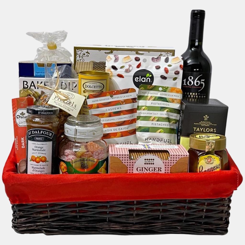 An award winning wine with tasty gourmet snacks placed perfectly in this finest made in Calgary wine gift basket.