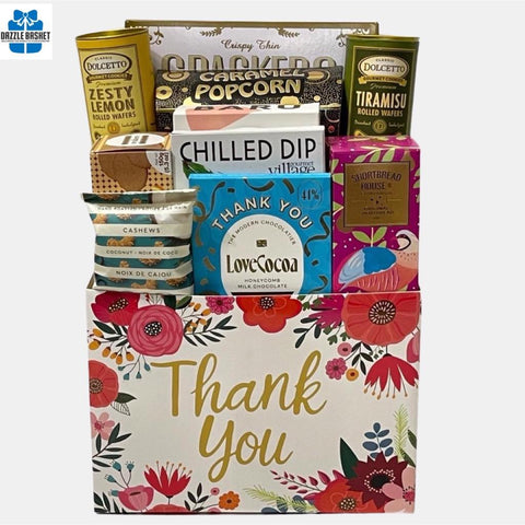 Finest Appreciation gift basket Calgary offers from Dazzle Basket- This Thank you gift basket includes tasty gourmet snacks including a Thank you chocolate.