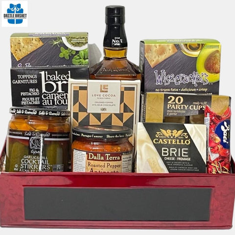 A perfect made in Calgary whiskey gift basket that is overflowing with delicious gourmet products that can be savored with a round of Jack Daniel whiskey included in the basket.