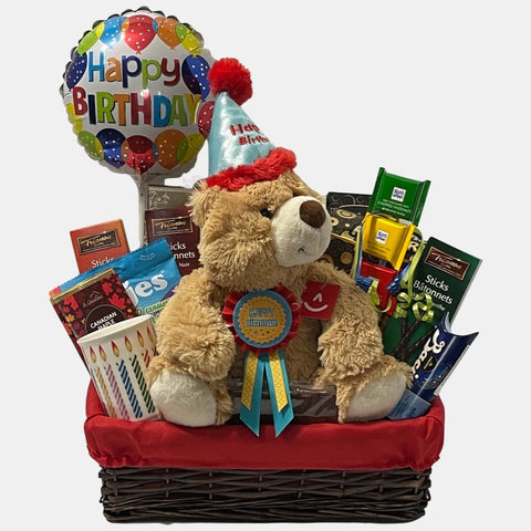 This wonderful Calgary birthday gift basket is filled with birthday goodies such as birthday bear.  birthday mug , chocolates and balloon. This custom gift basket makes for a perfect birthday gift.