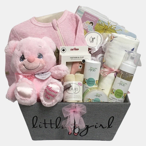 A made in Calgary gift basket for a baby girl. It includes everything that the baby will need during the first few months. Great gift for newborn. It comes filled with products from some of the finest baby care brands in Canada.