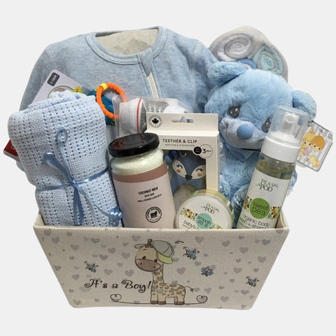 A made in Calgary gift basket for a baby boy. It includes everything that baby will need during the first few months. Great gift for newborn.