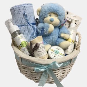 A made in Calgary baby gift basket filled with top quality products from leading Canadian brands.