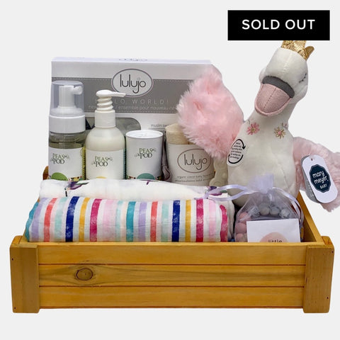 A made in Calgary beautiful gift basket for a baby girl. It includes everything that baby will need during the first few months. Great gift for newborn.