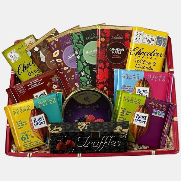 A made in Calgary chocolate gift basket that includes top of the line handmade chocolates in a rectangular natural willow basket.